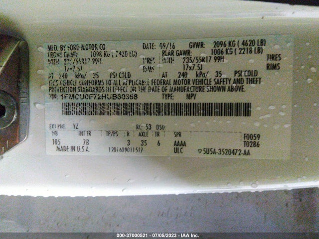 2017 FORD ESCAPE S VIN: 1FMCU0F72HUB60368