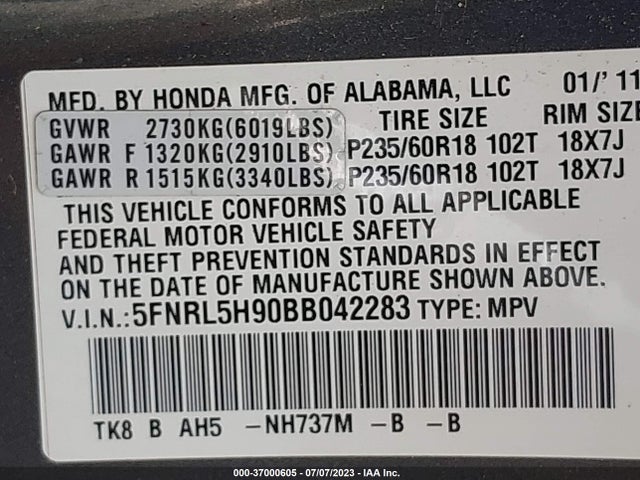 2011 HONDA ODYSSEY TOURING VIN: 5FNRL5H90BB042283