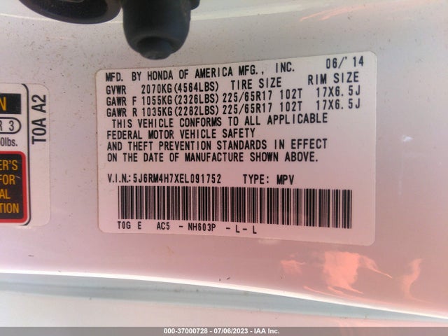 Honda Cr-v Ex-l 2014 5J6RM4H7XEL091752 Image 9