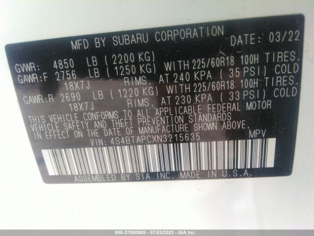 4S4BTAPCXN3215635 Subaru Outback Touring