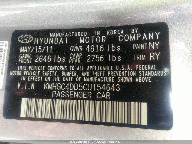 2012 HYUNDAI GENESIS 3.8L VIN: KMHGC4DD5CU154643