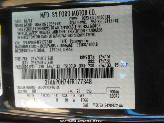 2015 FORD FUSION SE VIN: 3FA6P0H74FR177348