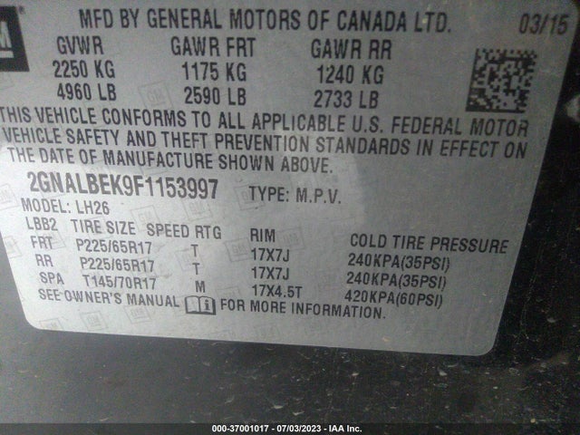 Chevrolet EQUINOX LT 2015 2GNALBEK9F1153997 Image 9