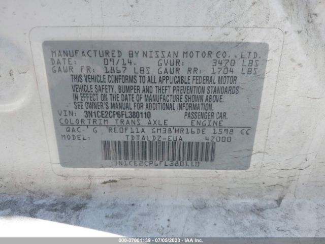 3N1CE2CP6FL380110 Nissan Versa Note S/s Plus/sv/sr/sl