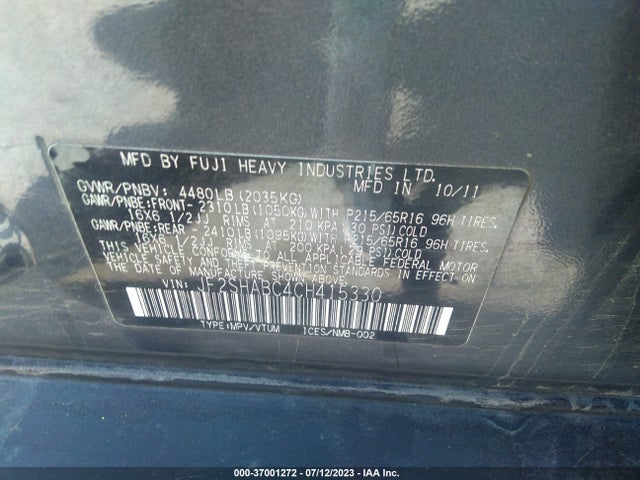 2012 SUBARU FORESTER 2.5X VIN: JF2SHABC4CH415330