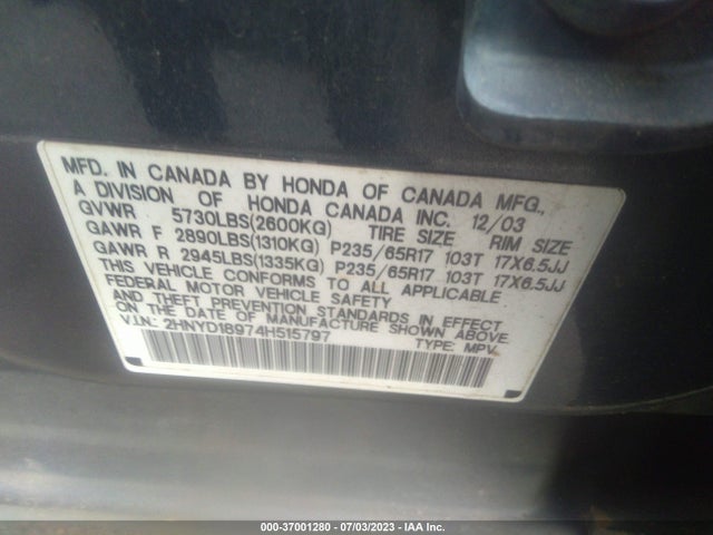 2004 ACURA MDX TOURING PKG RES W/NAV VIN: 2HNYD18974H515797