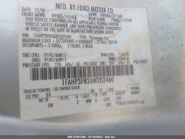 2010 FORD FOCUS SE VIN: 1FAHP3FN2AW202460