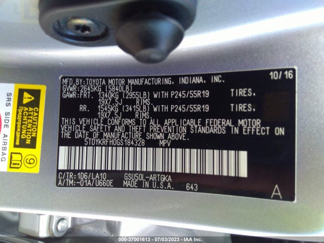 Toyota Highlander Limited 2016 5TDYKRFH0GS184328 Image 9