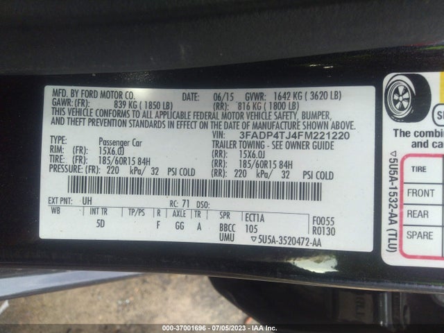 2015 FORD FIESTA S VIN: 3FADP4TJ4FM221220