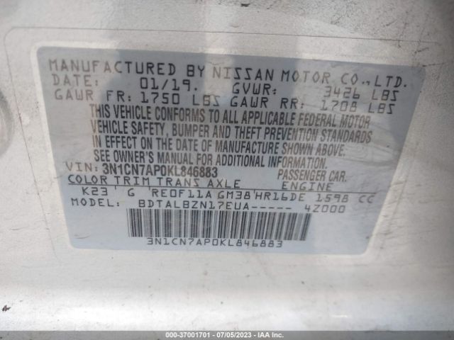 3N1CN7AP0KL846883 Nissan Versa Sedan Sv