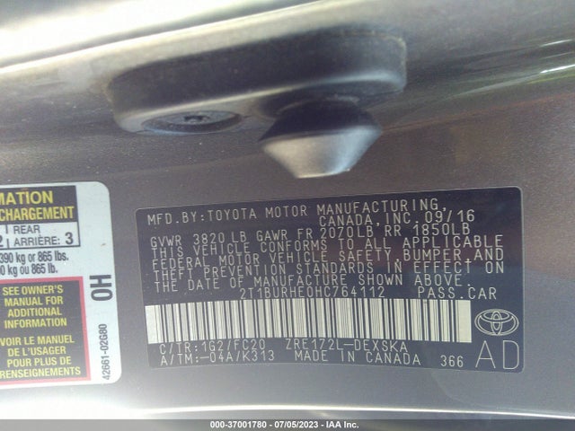 2017 TOYOTA COROLLA L/LE/XLE/SE VIN: 2T1BURHE0HC764112