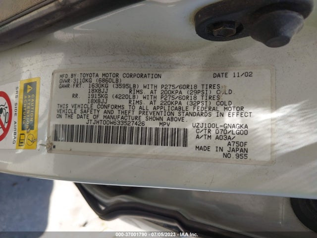 2003 LEXUS LX 470 VIN: JTJHT00W633527426