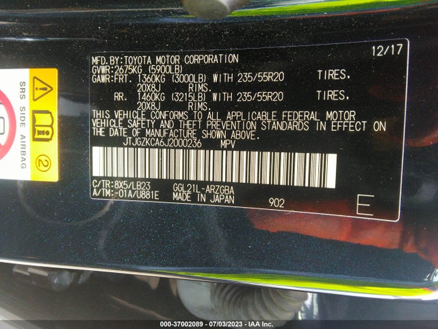 JTJGZKCA6J2000236 Lexus Rx Rx 350l Premium