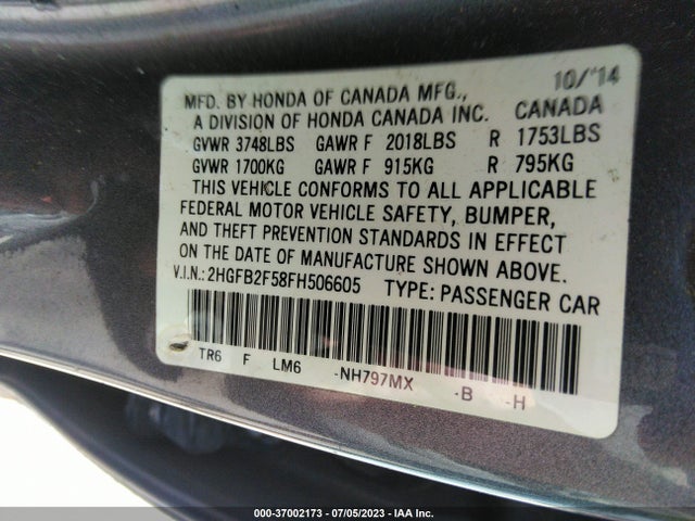 Honda Civic Sedan Lx 2015 2HGFB2F58FH506605 Image 9