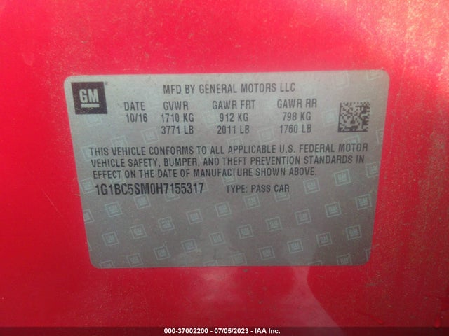 Chevrolet CRUZE LS 2017 1G1BC5SM0H7155317 Image 9