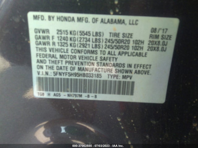 Honda Pilot Touring 2017 5FNYF5H95HB033185 Image 9