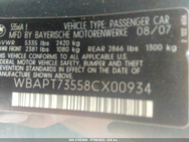 2008 BMW 5 SERIES 535XIT VIN: WBAPT73558CX00934