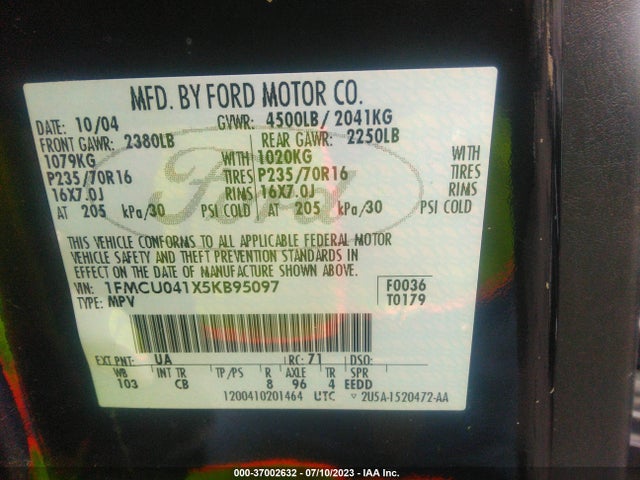 Auction sale of the 2005 Ford Escape Limited, vin: 1FMCU041X5KB95097, lot number: 37002632