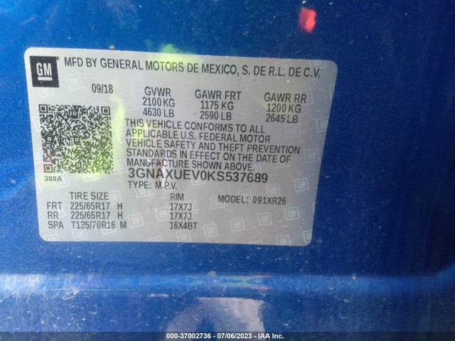 Chevrolet EQUINOX LT 2019 3GNAXUEV0KS537689 Image 9