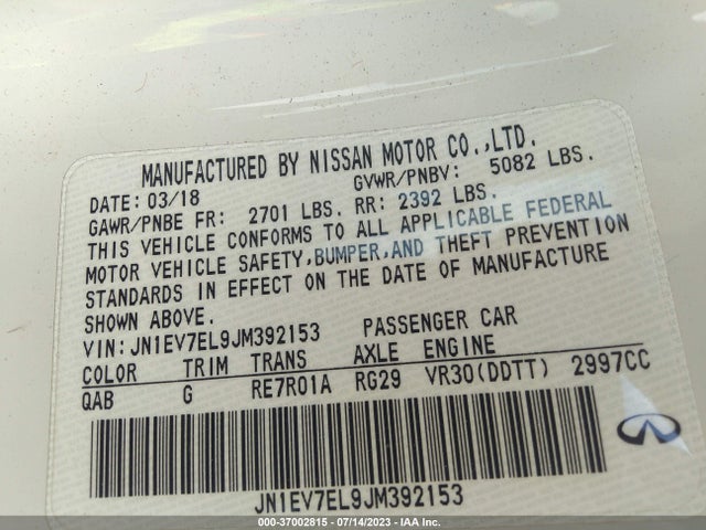 37002815 :رقم المزاد ، JN1EV7EL9JM392153 vin ، 2018 Infiniti Q60 3.0t Luxe مزاد بيع