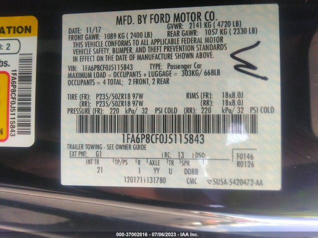 2018 FORD MUSTANG GT VIN: 1FA6P8CF0J5115843
