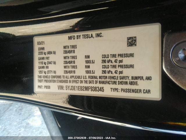 5YJ3E1EB2MF938345 Tesla Model 3 Long Range
