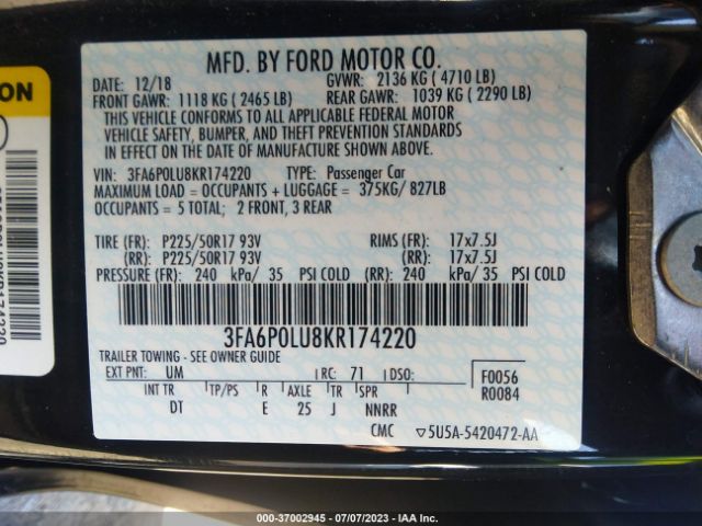 3FA6P0LU8KR174220 Ford Fusion Hybrid Se