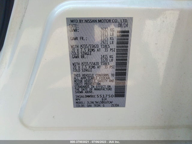 Aukcja sprzedaży 2014 Infiniti Qx60, vin: 5N1AL0MM9EC551750, numer aukcji: 37003021