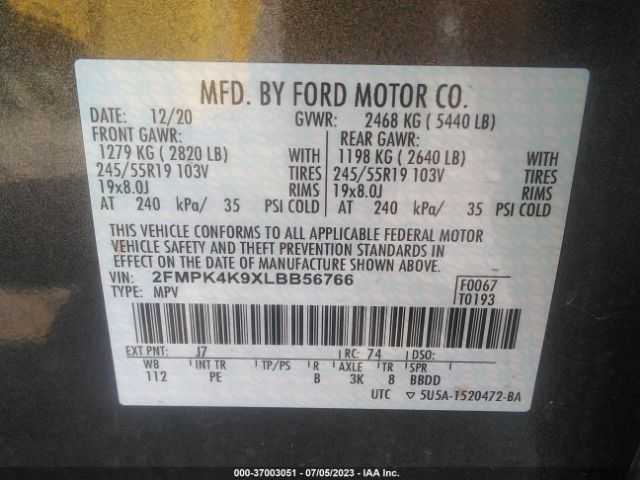 2FMPK4K9XLBB56766 Ford Edge Titanium