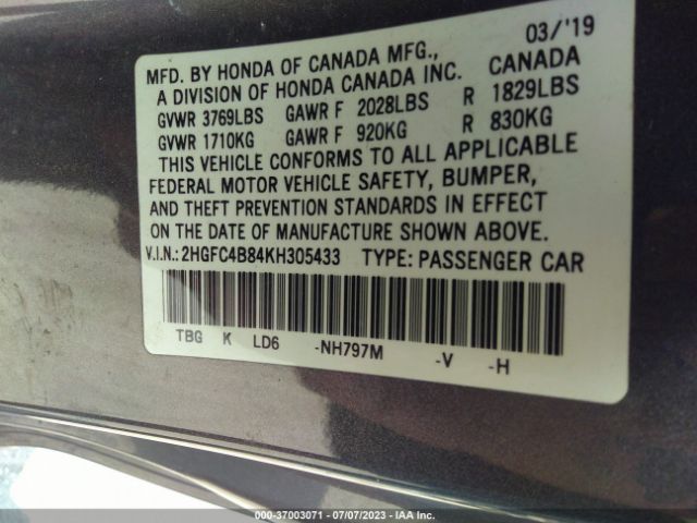 2019 HONDA CIVIC COUPE 2HGFC4B84KH305433 Photo 8