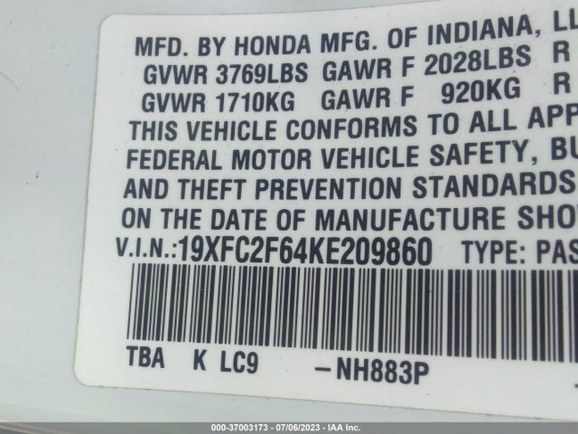 Honda Civic Sedan Lx 2019 19XFC2F64KE209860 Image 9