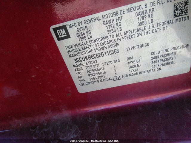 2014 CHEVROLET SILVERADO 1500 LT VIN: 3GCUKREC6EG110363