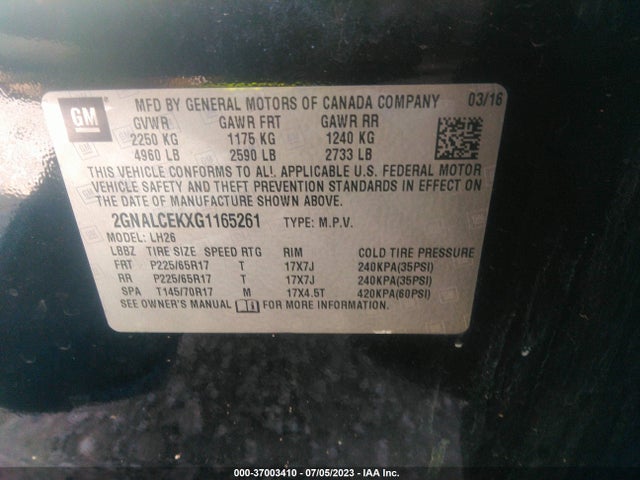 Chevrolet EQUINOX LT 2016 2GNALCEKXG1165261 Image 9