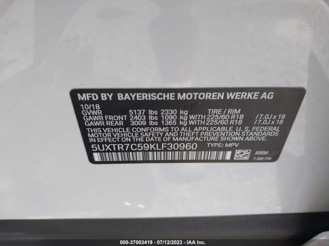 2019 BMW X3 SDRIVE30I VIN: 5UXTR7C59KLF30960