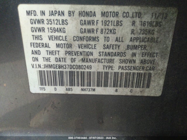 2013 HONDA FIT VIN: JHMGE8H37DC080249