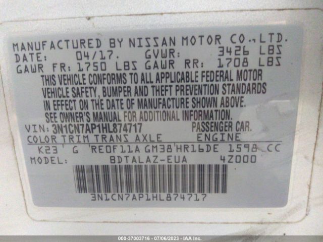 3N1CN7AP1HL874717 Nissan Versa Sedan S Plus