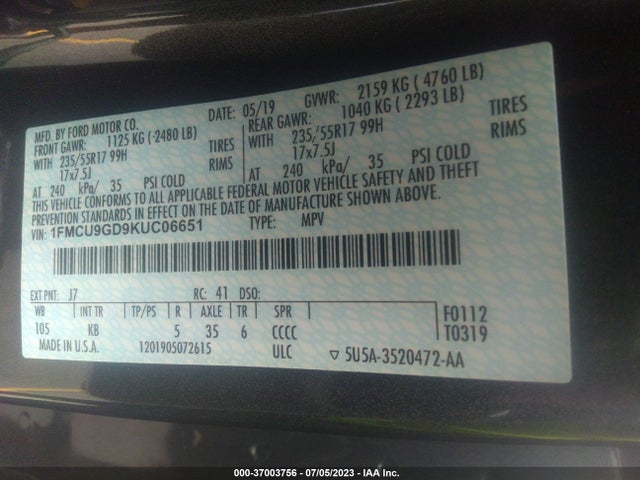 2019 FORD ESCAPE SE VIN: 1FMCU9GD9KUC06651