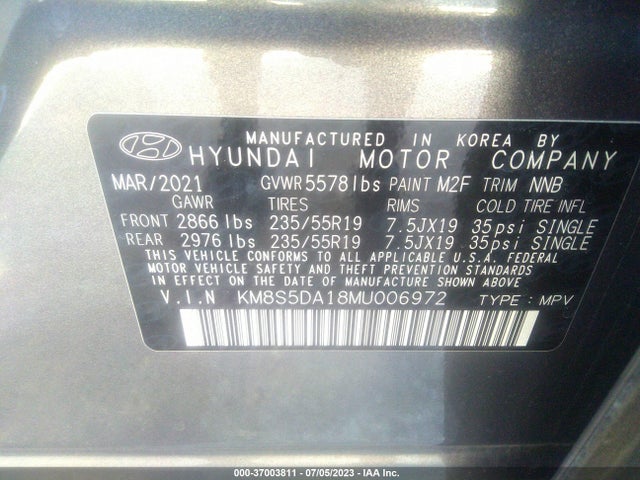 2021 Hyundai Santa Fe, VIN: KM8S5DA18MU006972