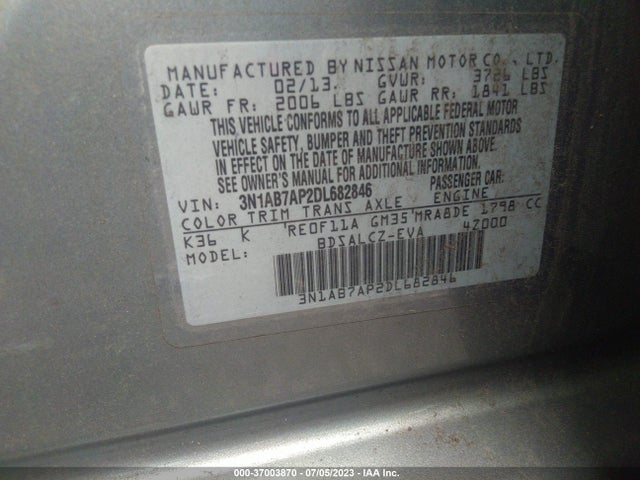 2013 NISSAN SENTRA S VIN: 3N1AB7AP2DL682846