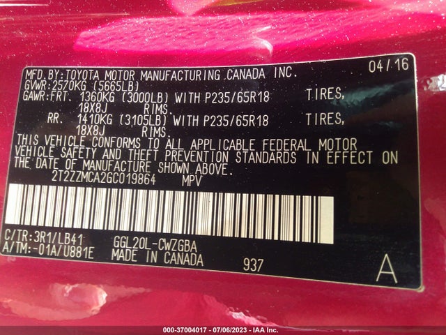 2T2ZZMCA2GC019864 Lexus RX 350