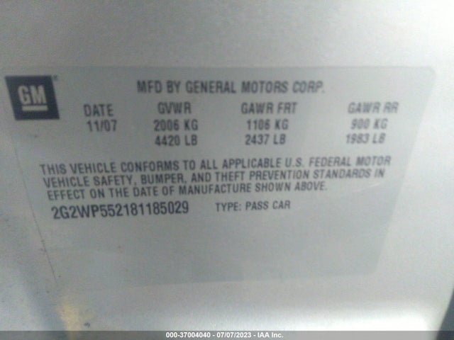 2008 PONTIAC GRAND PRIX VIN: 2G2WP552181185029