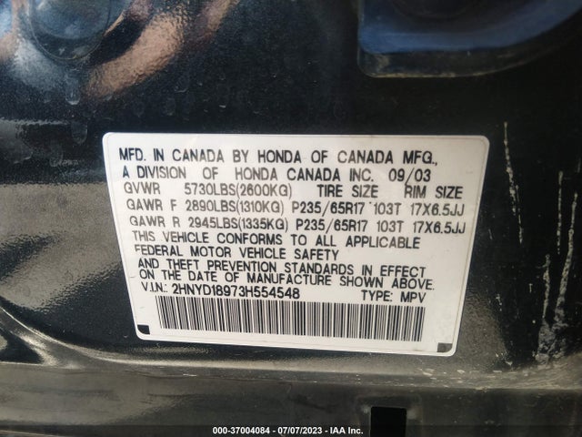 2003 ACURA MDX TOURING PKG RES VIN: 2HNYD18973H554548