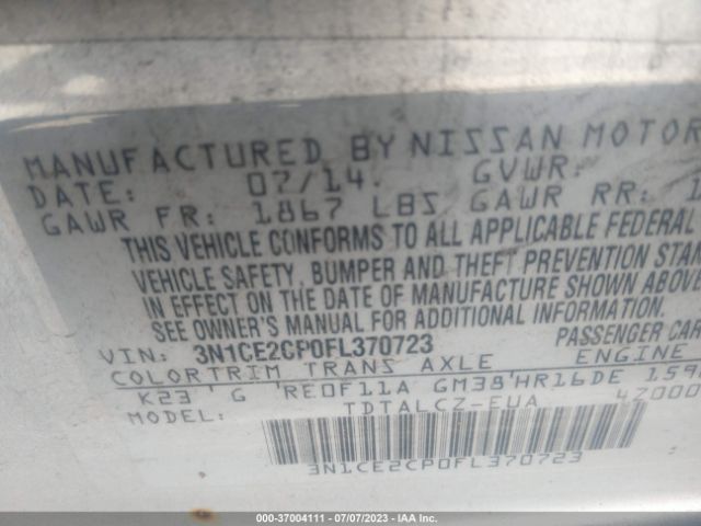 3N1CE2CP0FL370723 Nissan Versa Note S Plus