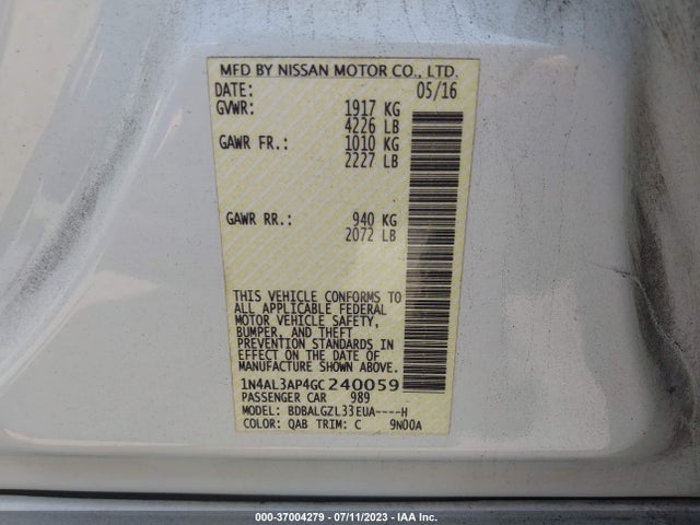 2016 NISSAN ALTIMA 2.5 S VIN: 1N4AL3AP4GC240059