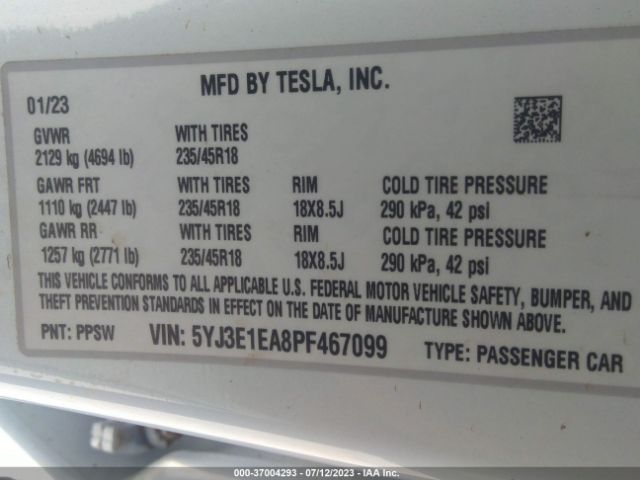 5YJ3E1EA8PF467099 Tesla MODEL 3