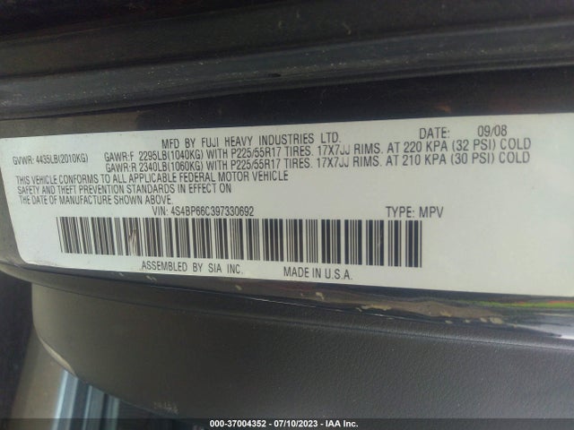 2009 SUBARU OUTBACK LTD VIN: 4S4BP66C397330692