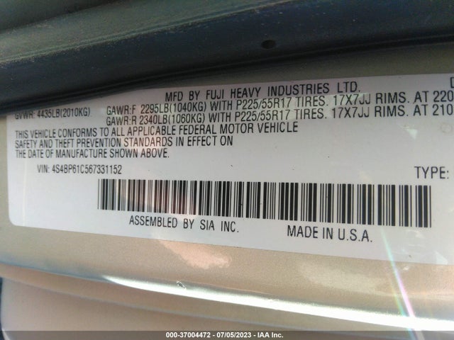 2006 SUBARU LEGACY WAGON OUTBACK 2.5I VIN: 4S4BP61C567331152