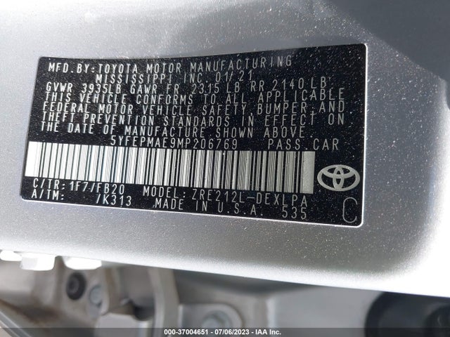2021 TOYOTA COROLLA LE VIN: 5YFEPMAE9MP206769