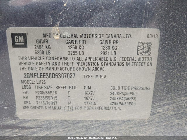 2013 CHEVROLET EQUINOX LT VIN: 2GNFLEE30D6307027