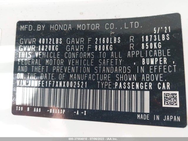 Honda Civic Sedan Ex 2022 JHMFE1F7XNX002521 Image 9